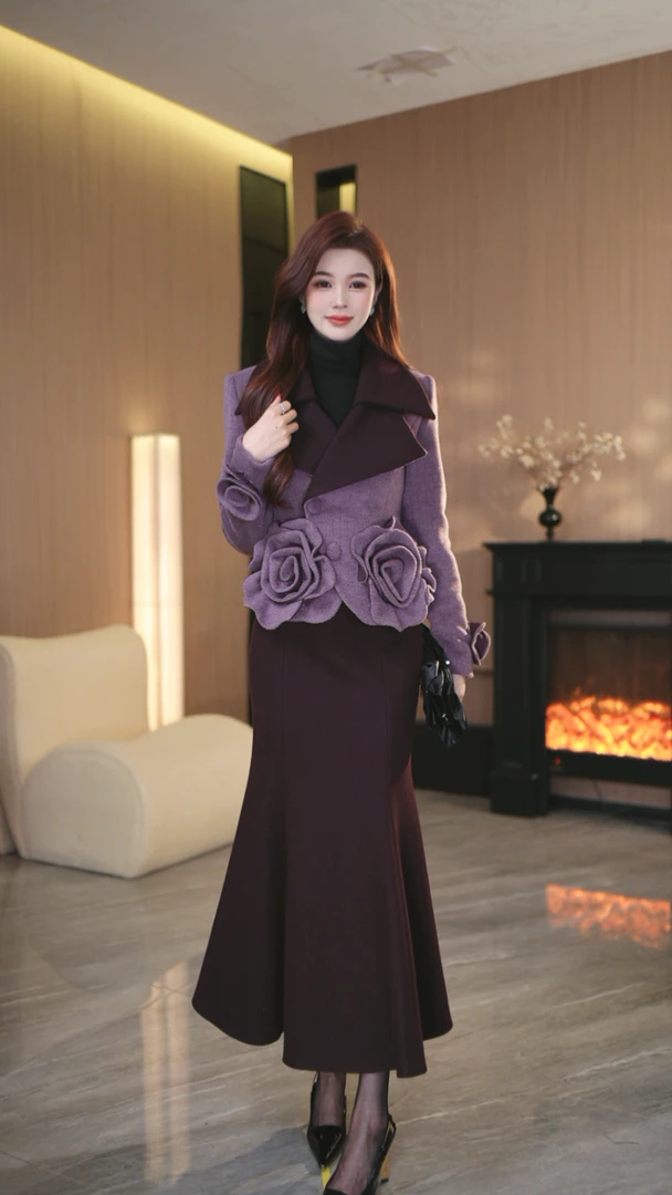 罗曼定制 高定原创紫色花朵气质名媛翻领上衣+鱼尾半身裙套装女