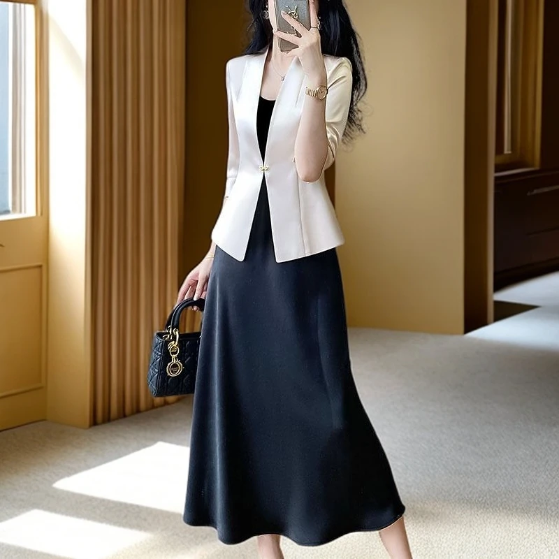 西装外套女杏色无领五分袖醋酸西服套裙高端职业装气质女神范洋气