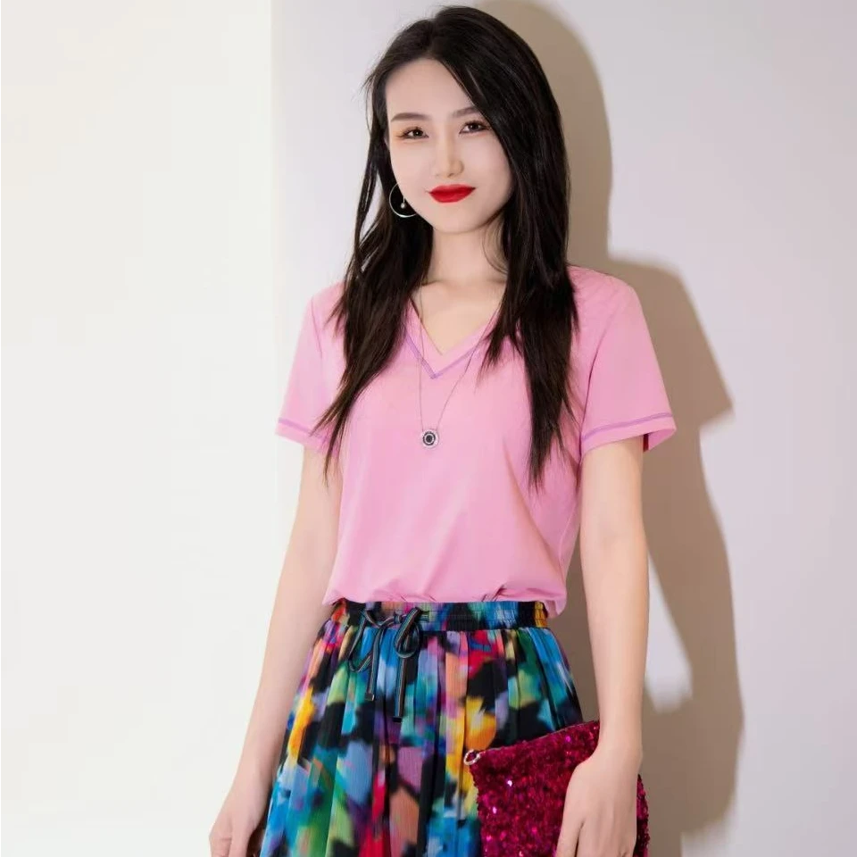 阿玛施AMASS【简约至上】V领百搭素面修身短袖T恤5301024