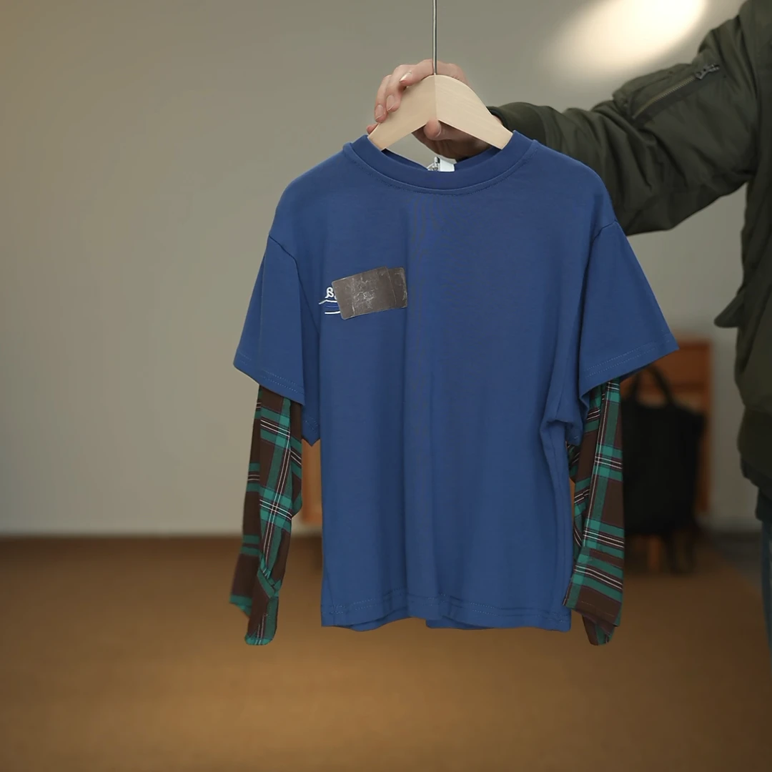 F219【DOUZI】假两件T恤