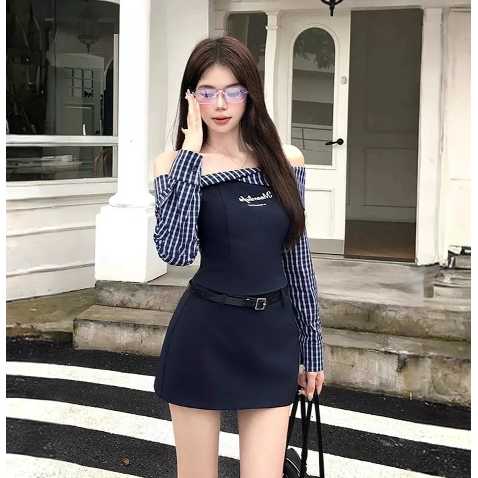 一字肩格子拼接假两件长袖上衣收腰半身短裙子两件套装女秋季新款