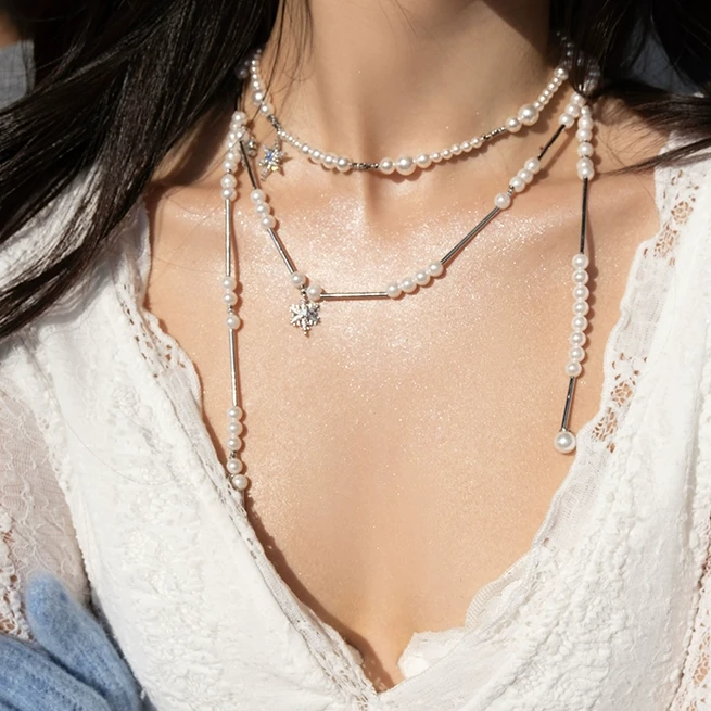 铜合金仿珍珠吊坠 《落雪》雪花多层流苏项链长款叠戴清冷感毛衣链