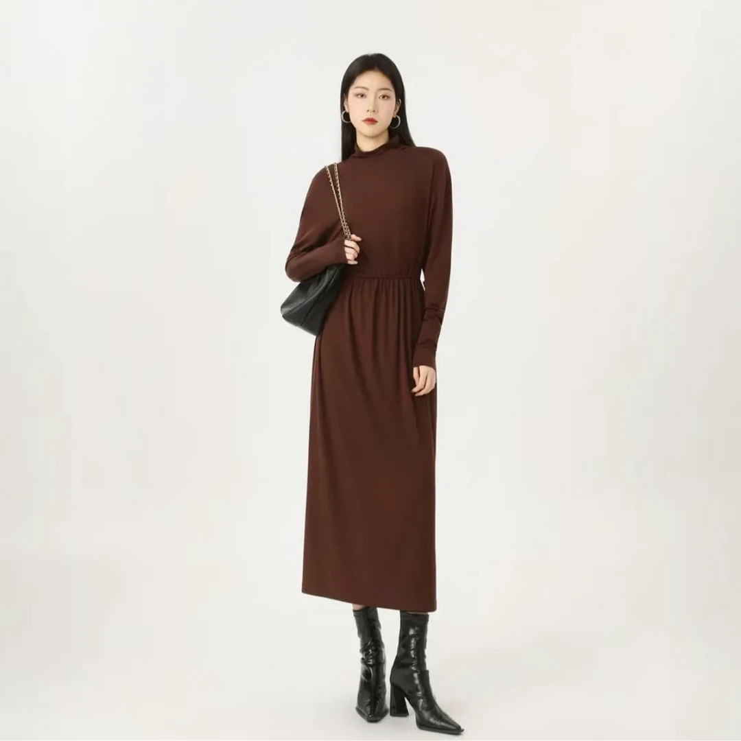 AMASS/阿玛施流光风复古优雅气质半高领收腰显瘦长袖连衣裙550050