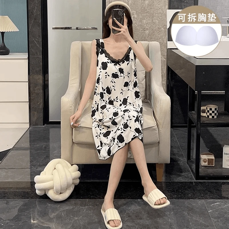 睡衣女夏莫代尔冰丝夏季薄款甜美纯欲带胸垫睡裙大码200斤睡衣裙