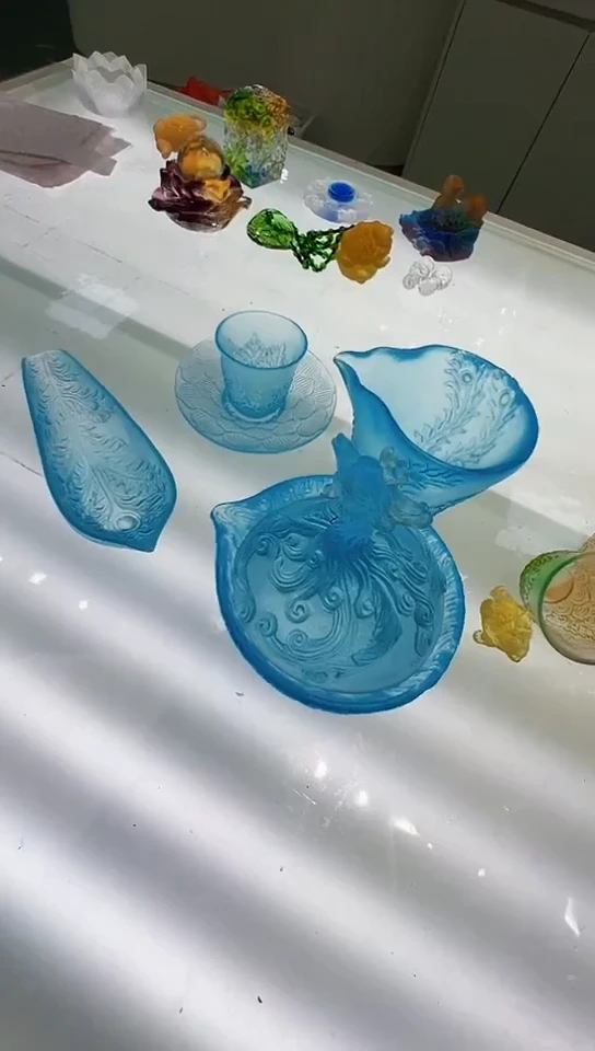 泥塑古法琉璃茶具6件套摆件