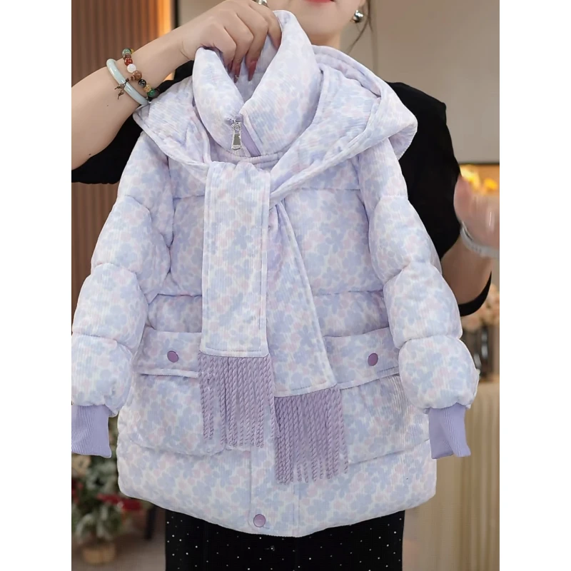 女童碎花棉服冬装2025新款甜美中长款绒面女孩加厚棉袄夹棉外套冬