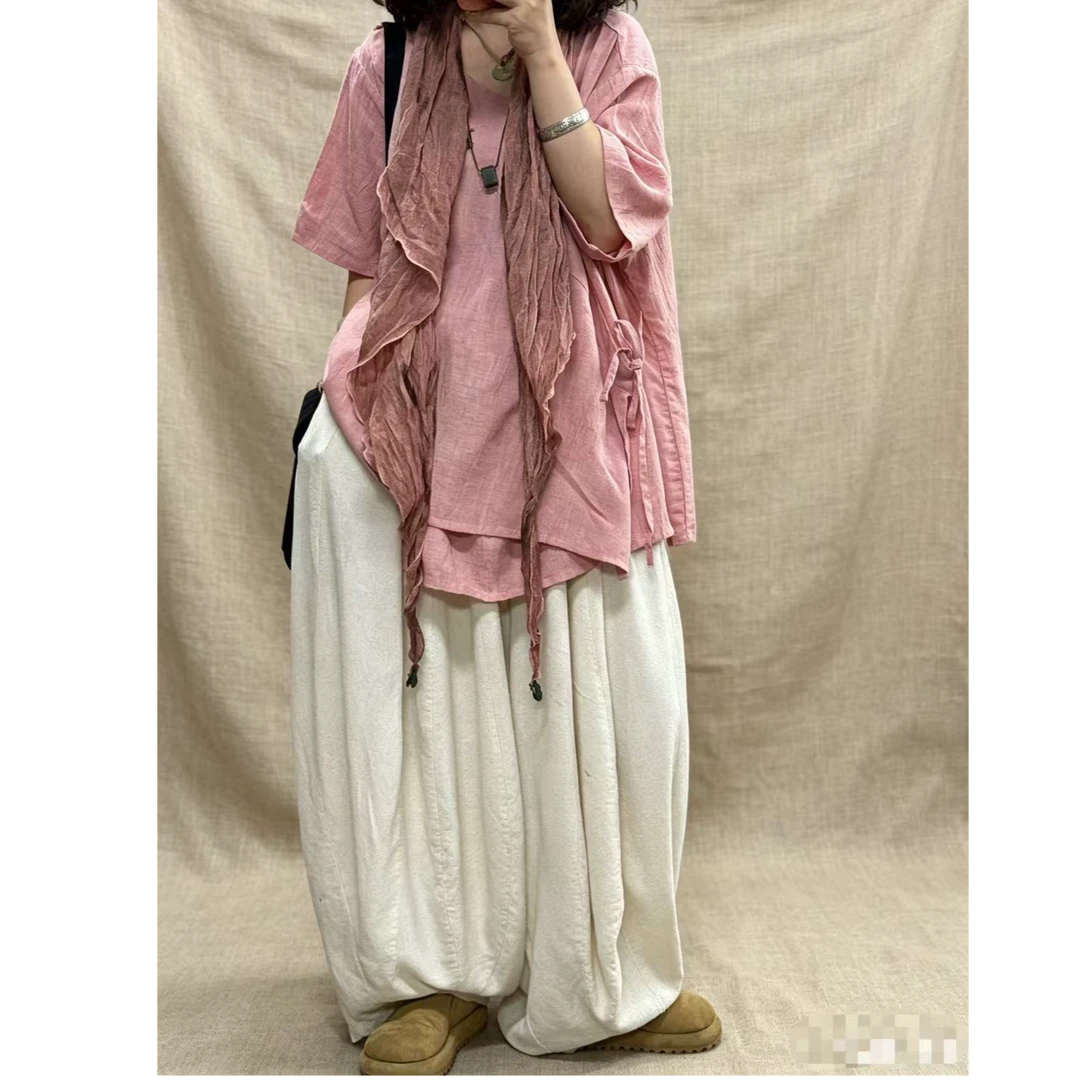 【若汐女装休闲短袖】夏季宽松百搭纯色款天丝亚麻薄款V领上衣2927