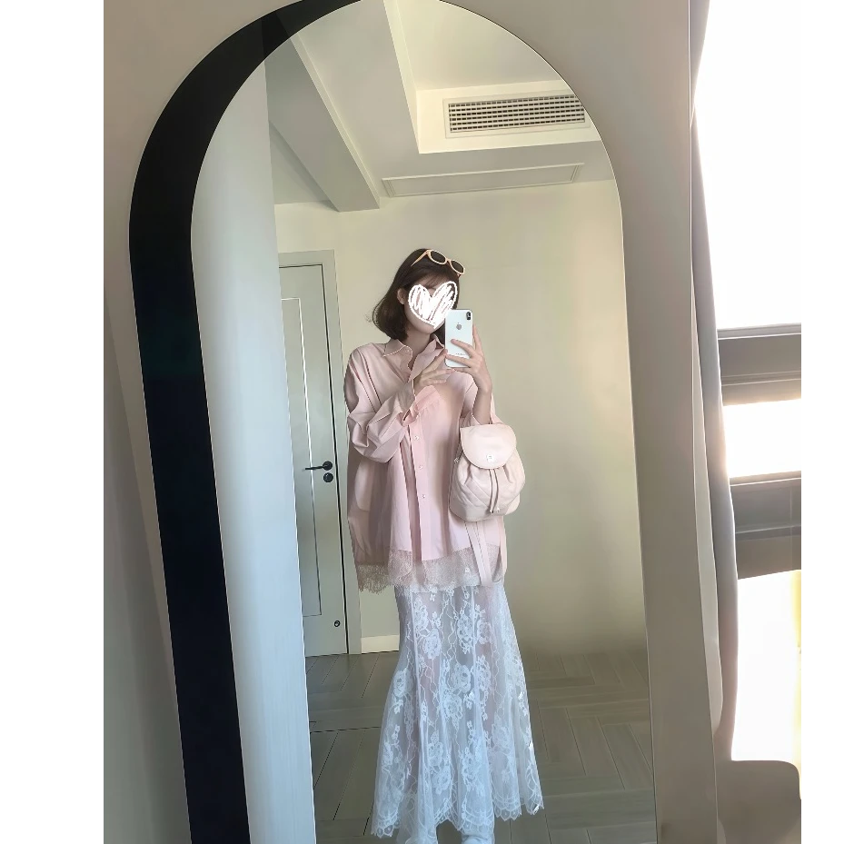 宽松蕾丝拼接长袖衬衫女蕾丝美背内衣长款蕾丝半身裙时尚套装