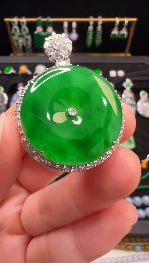 翡翠18K金镶嵌吊坠(不含链)高冰满绿平安扣吊坠