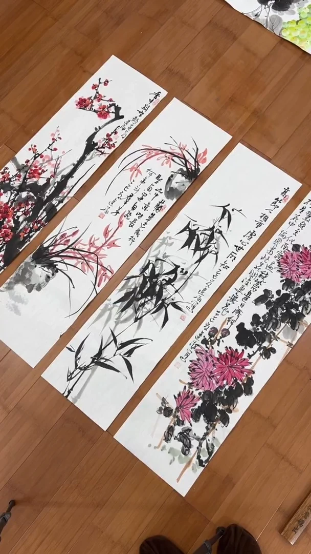 国画【福利，纯手工手绘】文建海梅兰竹菊24*98厘米*4幅