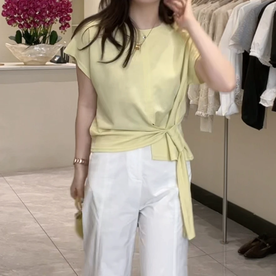 夏季韩系绑带收腰气质纯色T恤女2025夏季新款休闲百搭时尚上衣