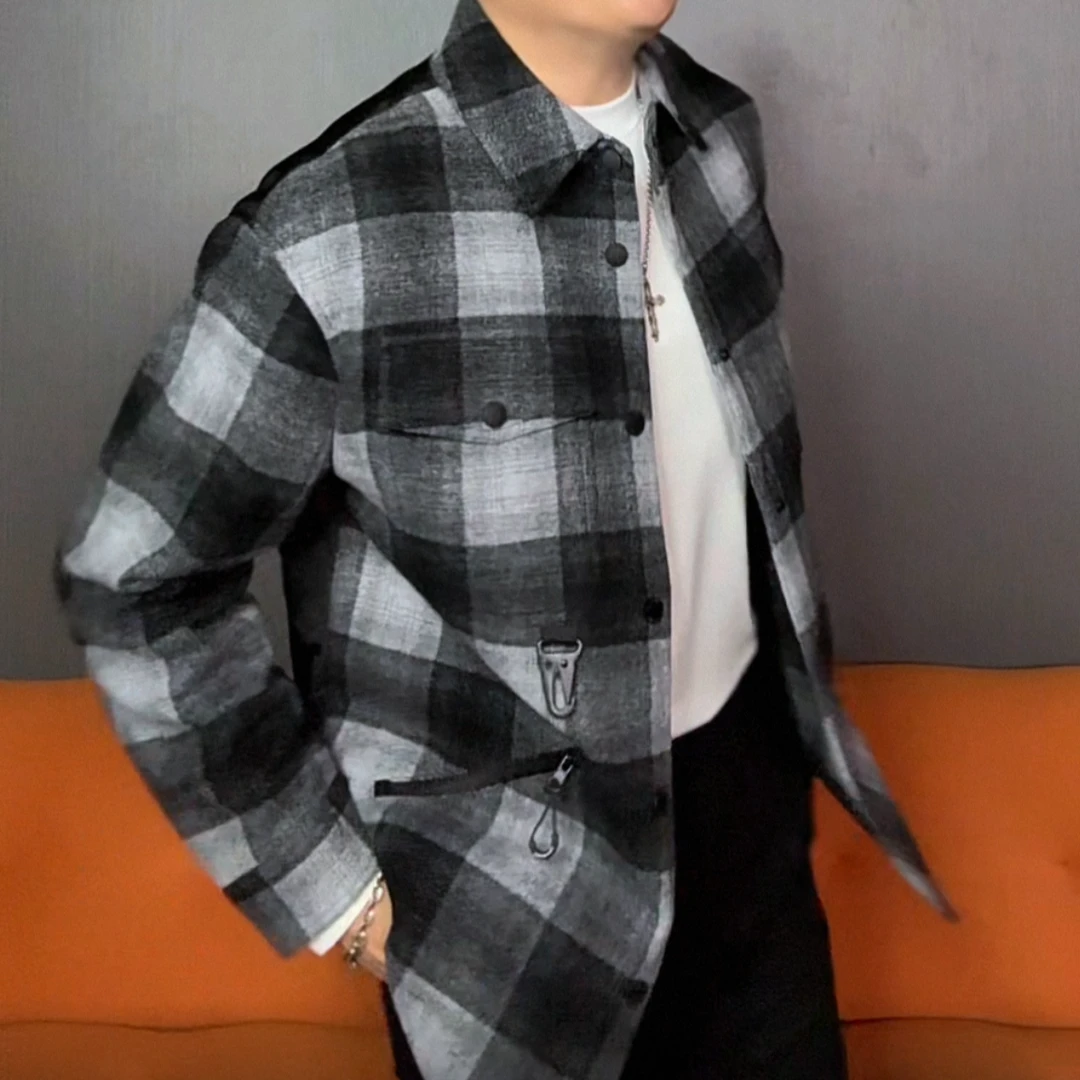 男款秋冬季时尚休闲羊毛混纺厚款夹克黑灰格纹设计毛呢男士百搭