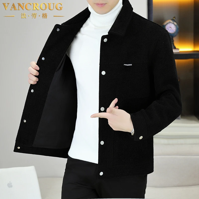 VANCROUG/法劳格夹克男士秋冬季时尚高品质翻领工装厚款呢子外套