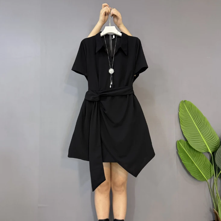 新款大码女装时尚气质小翻领不规则下摆显瘦连衣裙