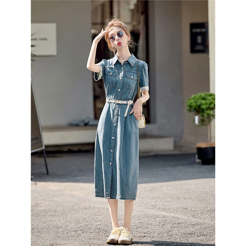 夏季薄款复古牛仔连衣裙女2025新款今年流行气质收腰显瘦直筒裙子