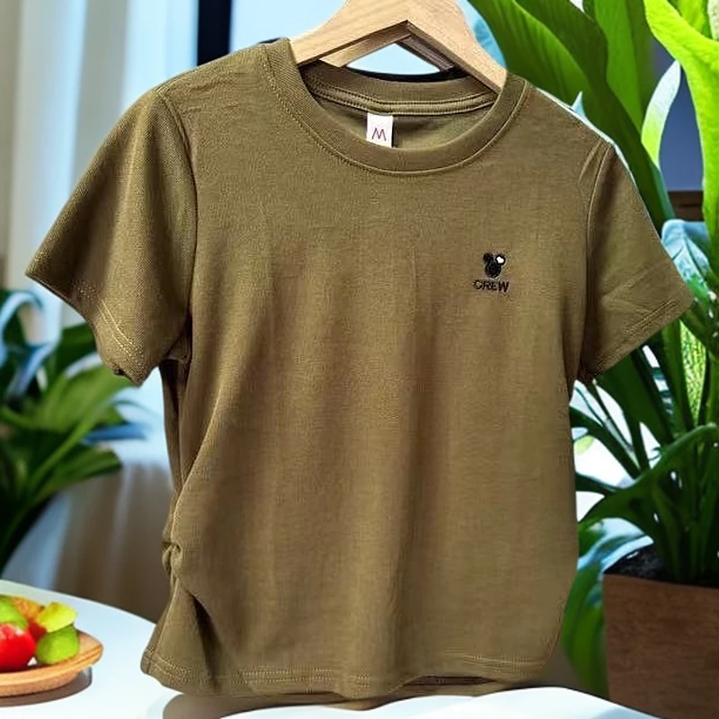 绿色潮流圆领舒适夏季短款圆领t恤纯色夏季短袖春夏T恤褶皱