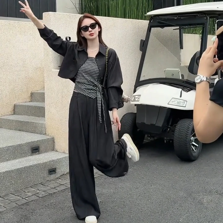 2025春秋韩版气质百搭显瘦长袖上衣格子吊带高腰阔腿裤减龄套装女