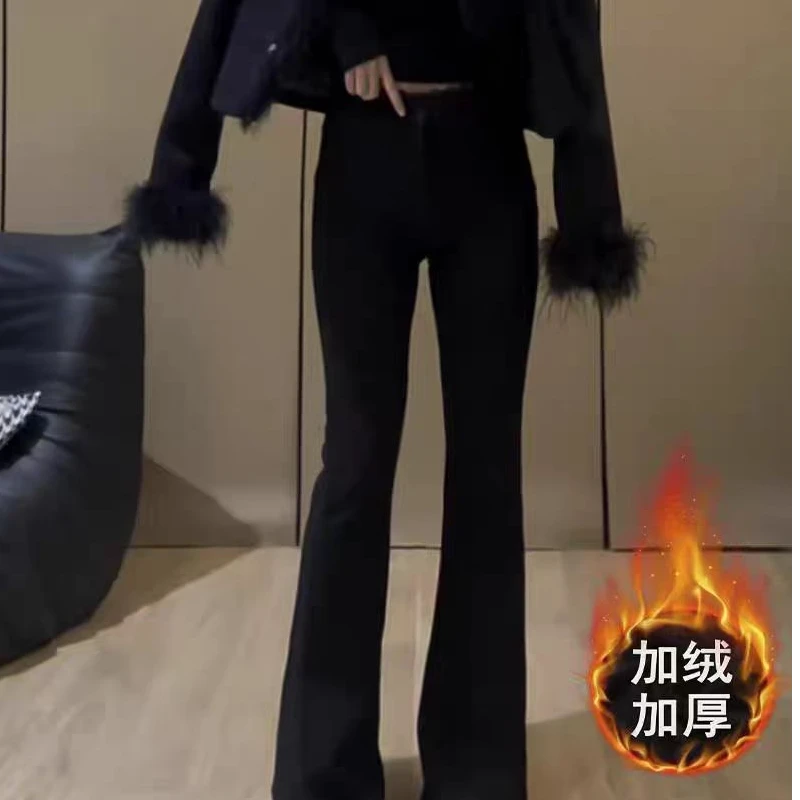 蕾丝边西装裤女加绒加厚喇叭裤