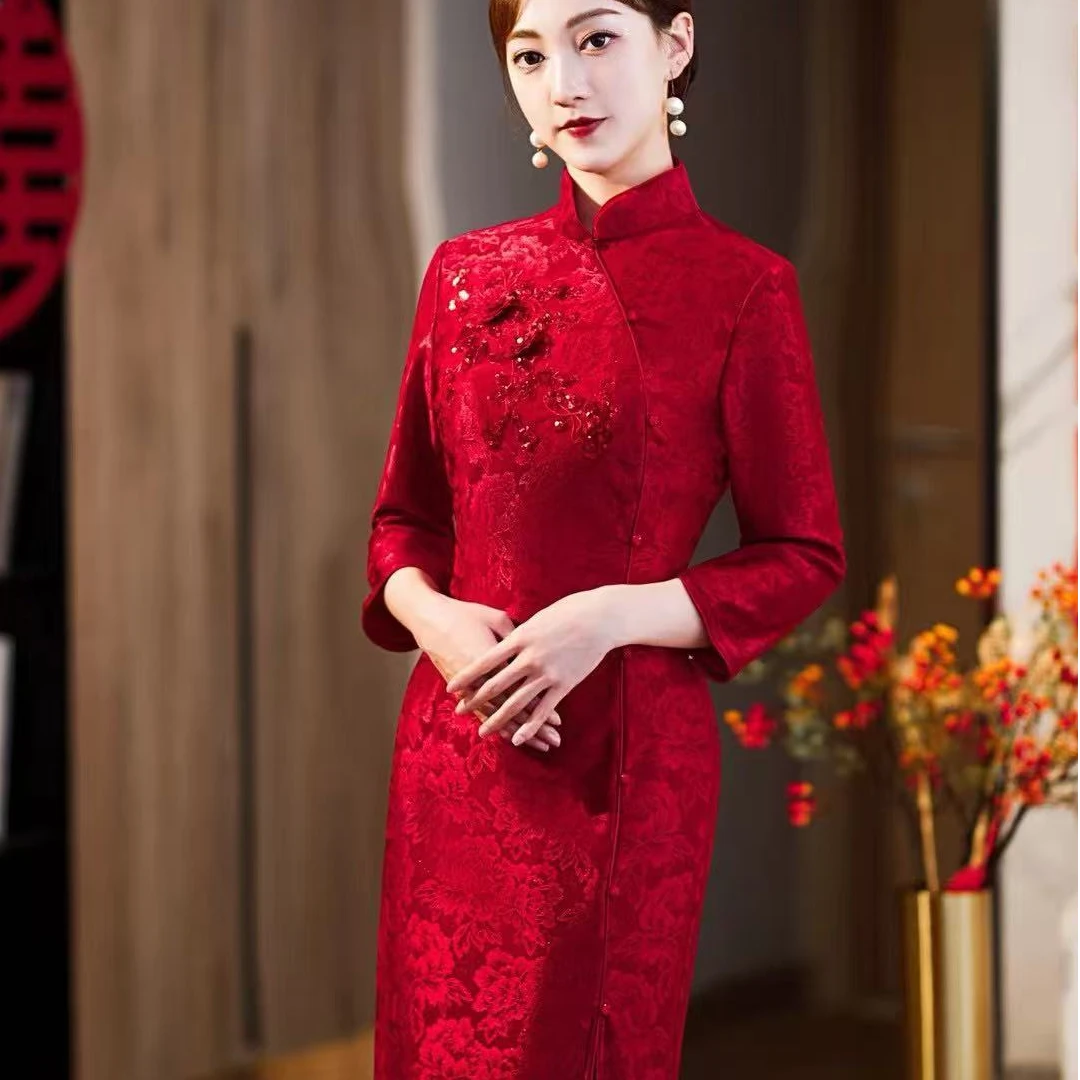 （414）秋款 红色 中长款改良旗袍 单层 长度约105cm 苏州旗袍