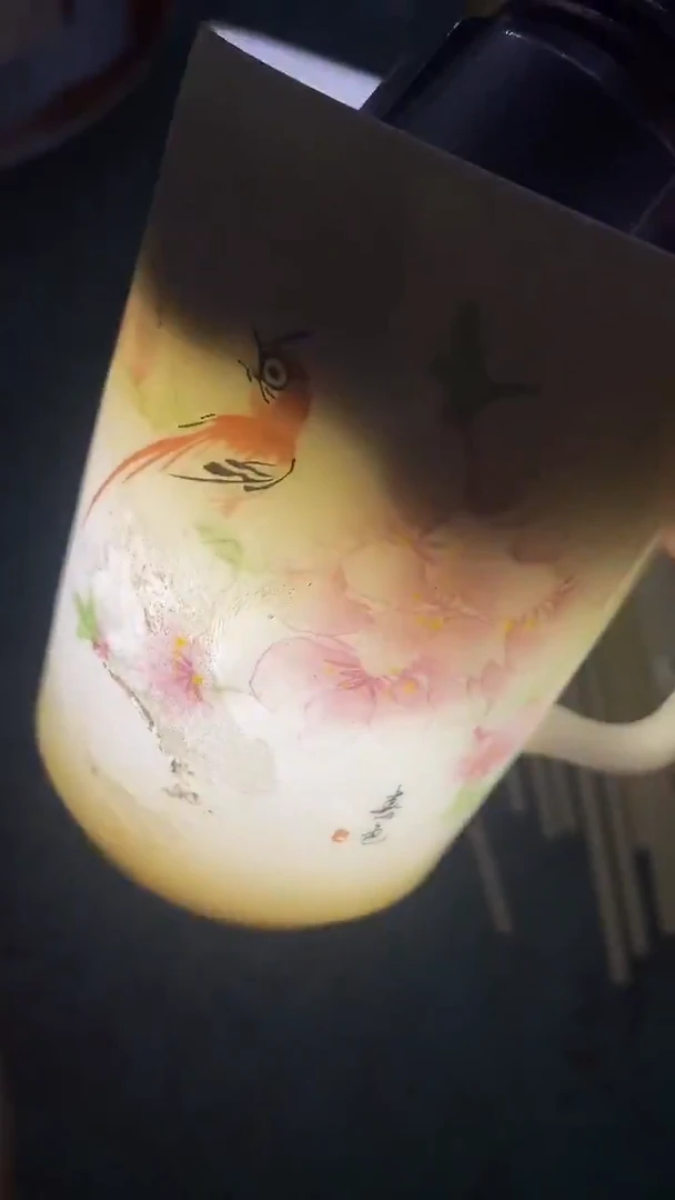 摆件陶水点桃花玉泥带把手杯 没盖