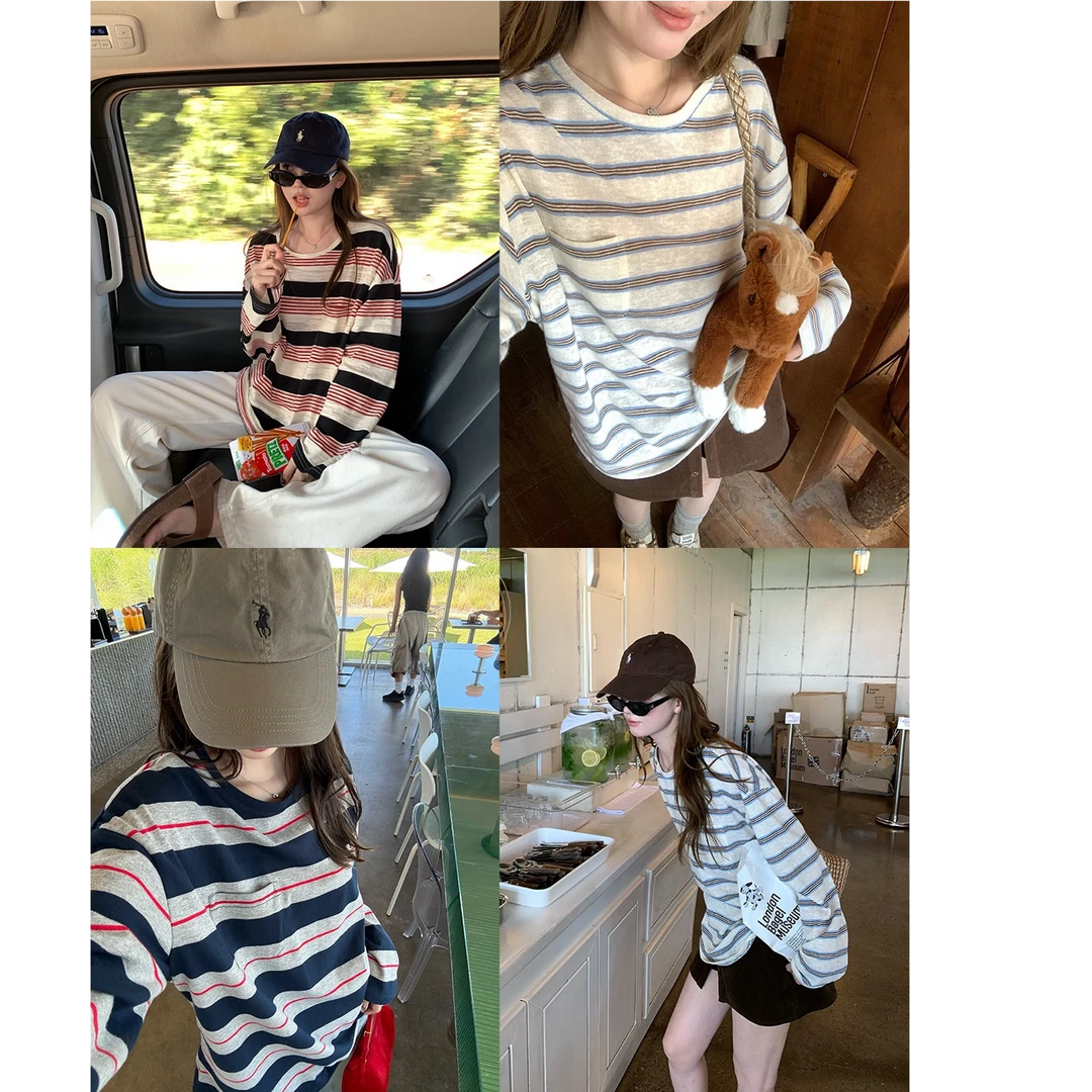【miu系美学】早秋款复古慵懒条纹长袖圆领长袖条纹T恤宽松百搭上衣