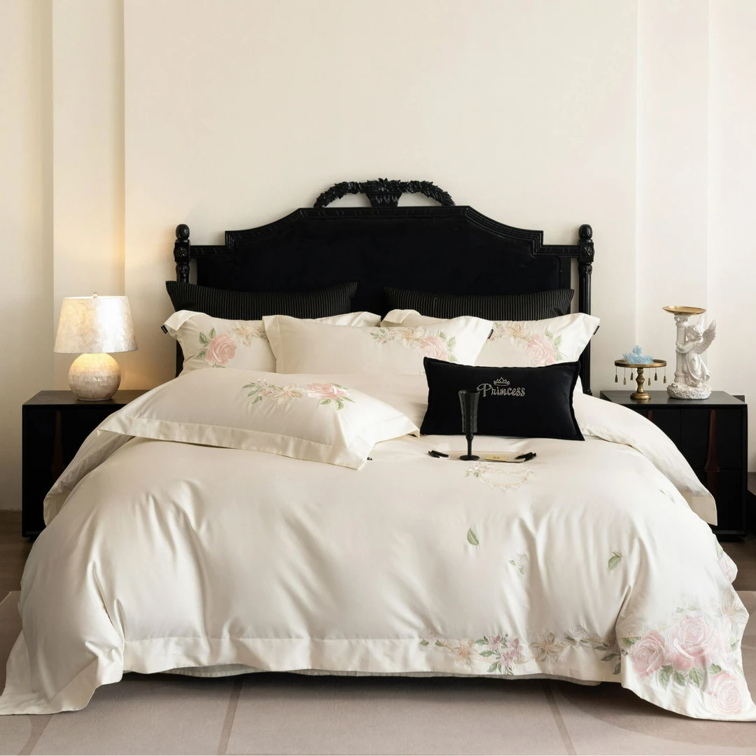 【线下同款】全棉新疆棉法式重工花卉刺绣四件套 艾莉莎月光白-AL