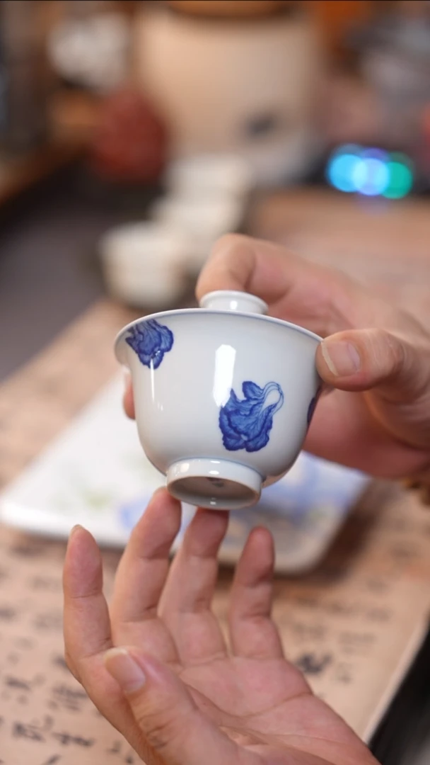 茶具景德镇青花白菜二才盖碗