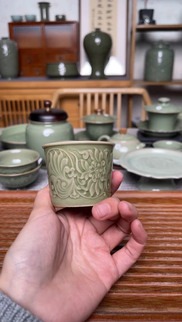 陶瓷耀州窑金银花主人杯   微瑕