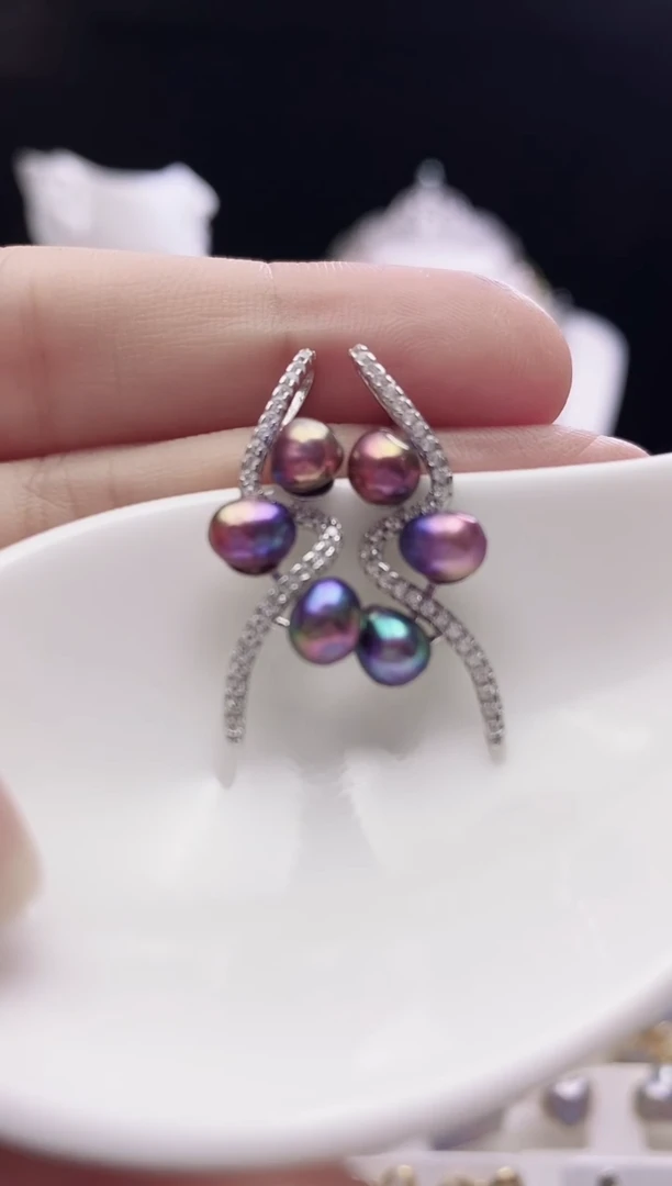 银S925镶嵌耳钉淡水珍珠淡水紫珠耳钉