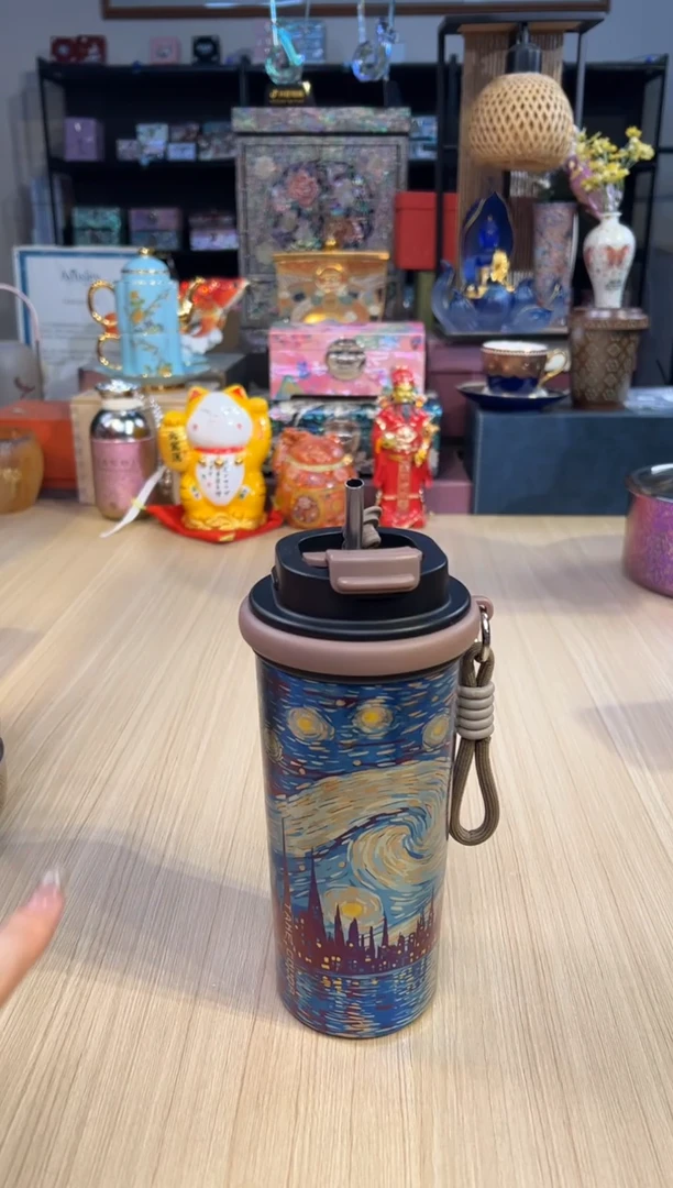 148执彩梵高油画纯钛吸管杯