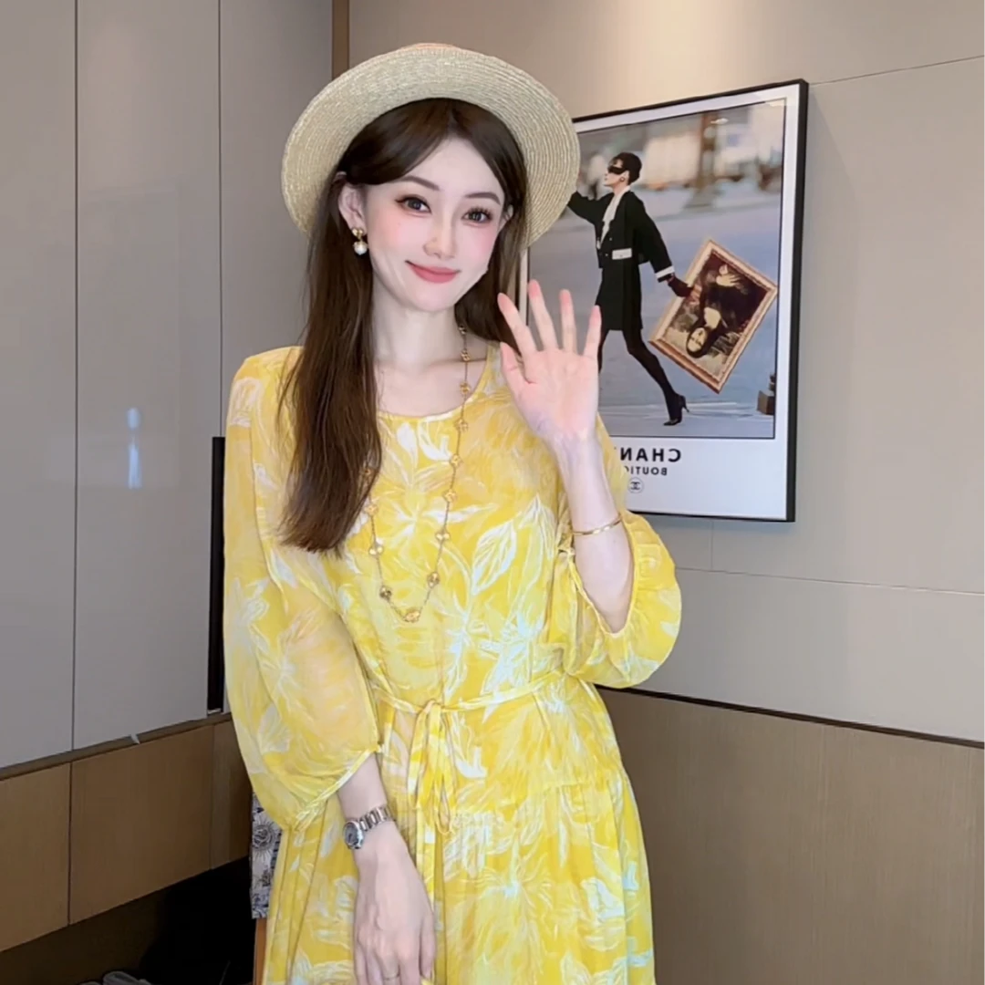 【丝芙玉禄】（S266）气质印花碎花减龄桑蚕丝宽松真丝双绉女装连衣裙