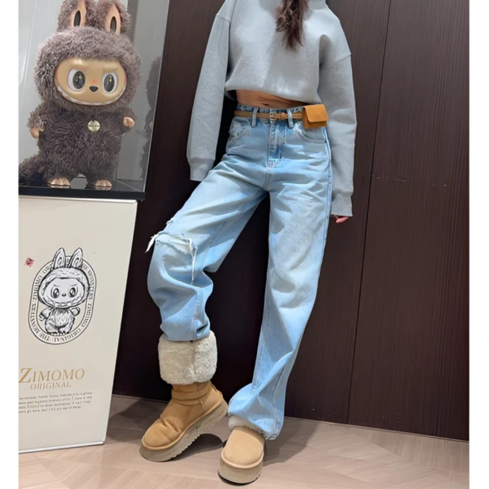 复古设计感洋气直筒牛仔裤女2025冬季新款显瘦宽松高街阔腿拖地裤