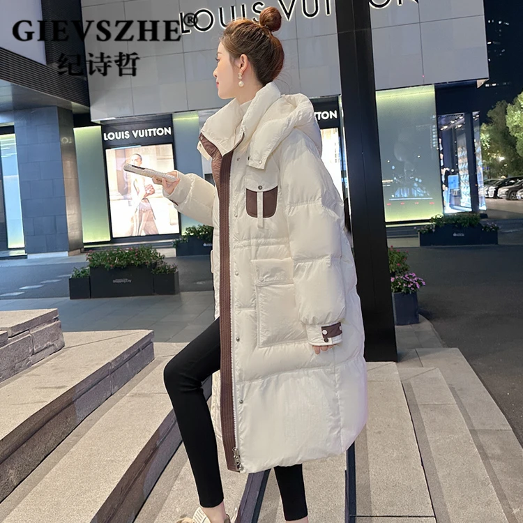 纪诗哲连帽羽绒服冬季中长款新款韩版时尚过膝保暖加厚白鸭绒外套