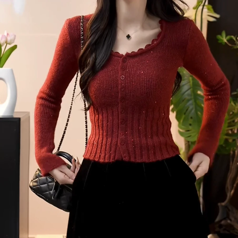 T秋冬上新【微醺岛屿】法式新款百搭红色拼接蕾丝边针织衫