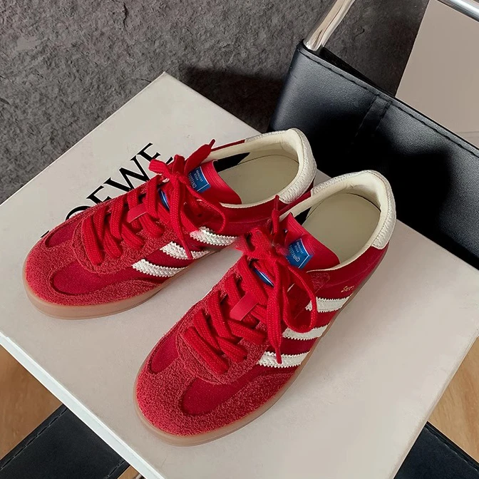 敲软！真复古红色德训鞋女韩版系带平底休闲板鞋运动阿甘鞋