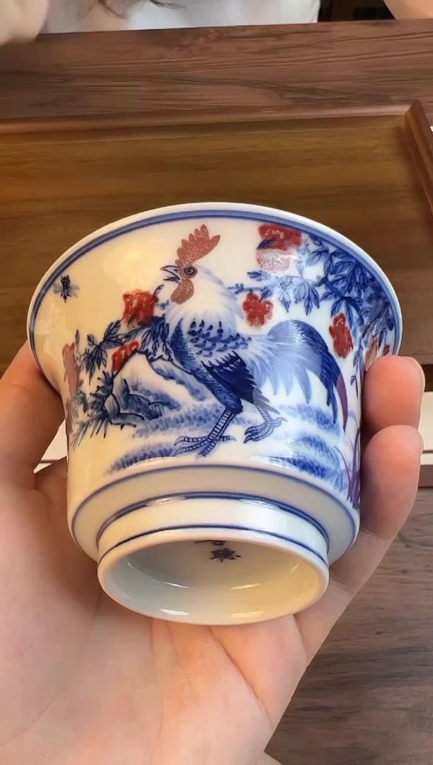 问青坊纯手工手绘青花釉里红大吉大利二才盖碗