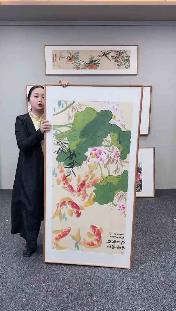 国画荷花九鱼图155*78