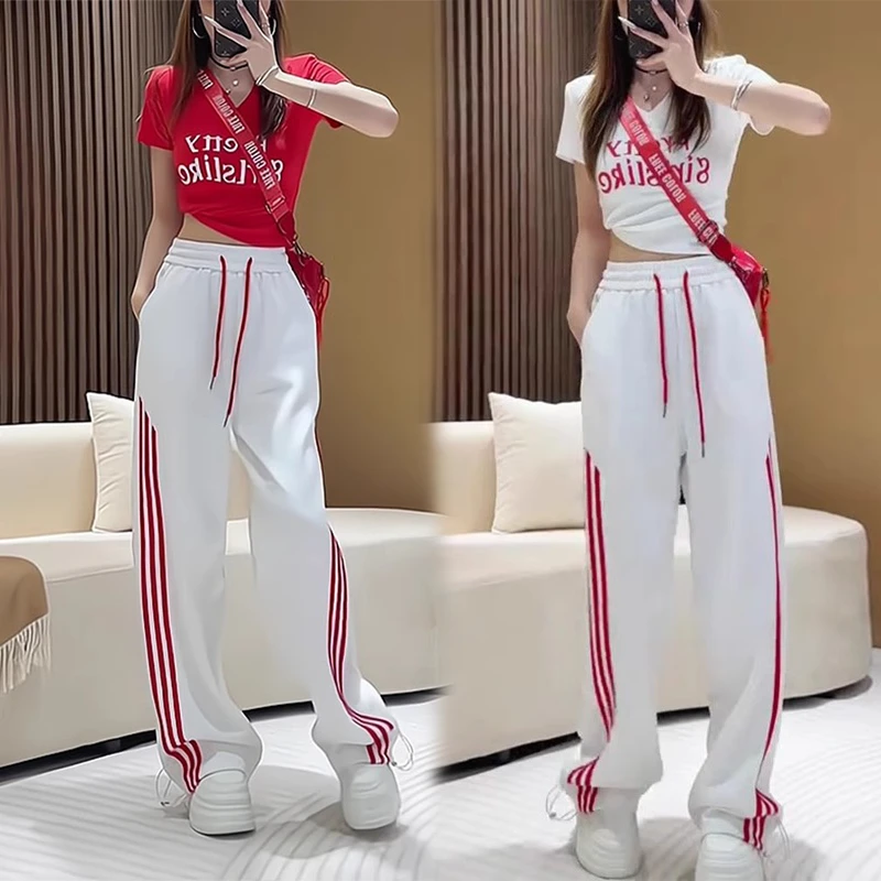 夏季时尚洋气套装女韩版复古休闲短袖上衣百搭阔腿裤宽松运动卫裤