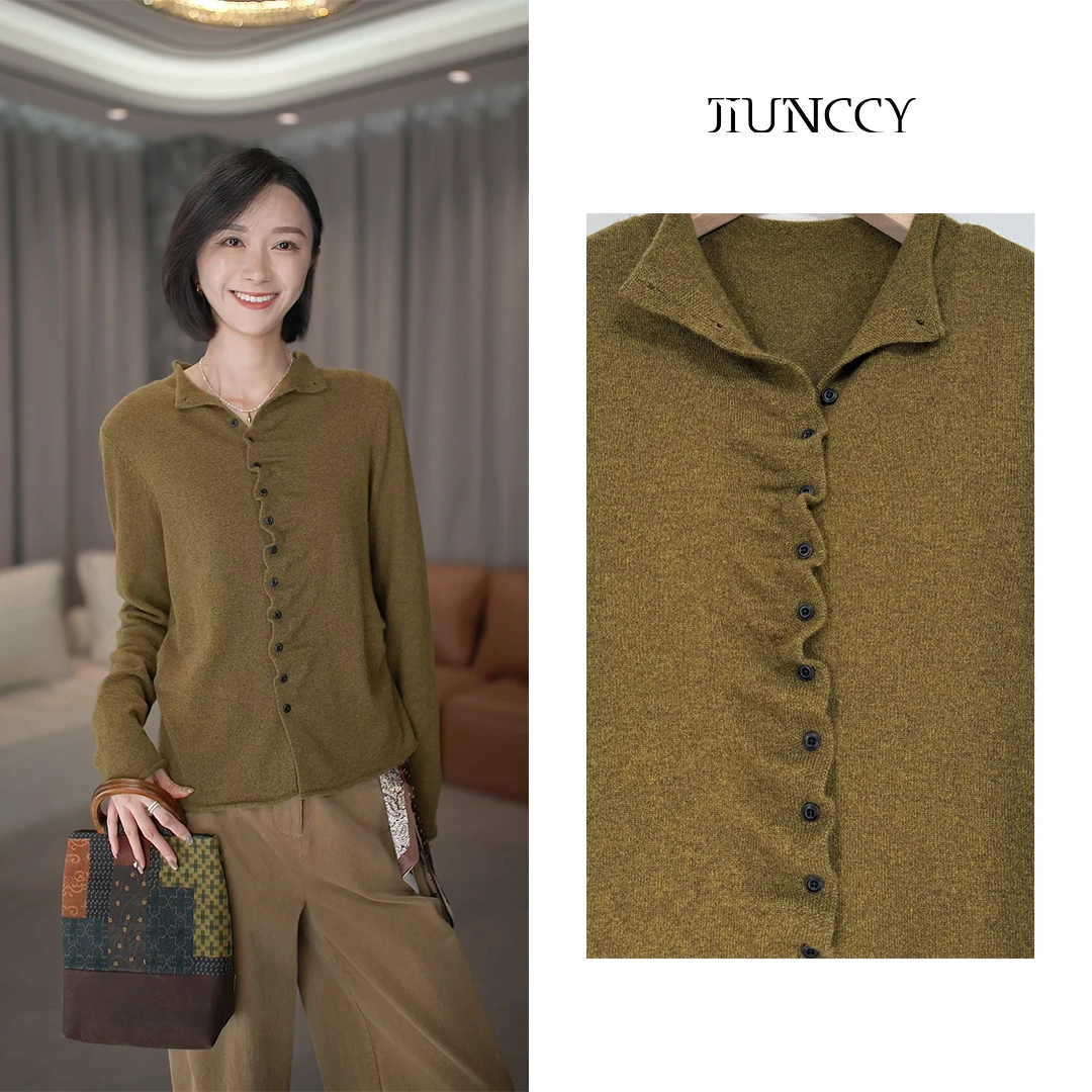 JIUNCCY【蒹葭】康赛妮100%A级山羊绒花纱门襟荷叶褶毛衣 52YZZ095