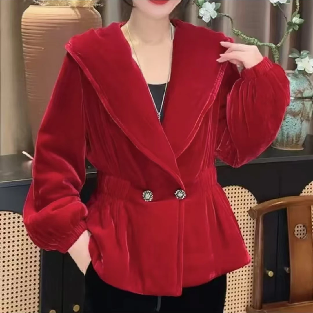 真丝丝绒大翻领连帽时尚百搭收口短款棉服