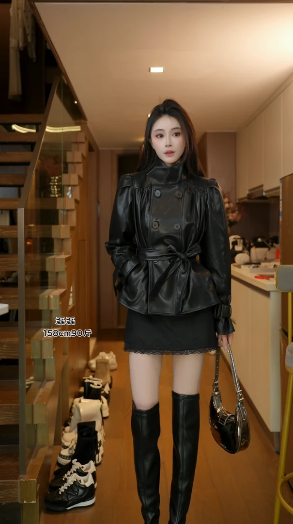 磊磊【流风回雪】收腰皮衣外套  高级感立领双排扣机车上衣88237