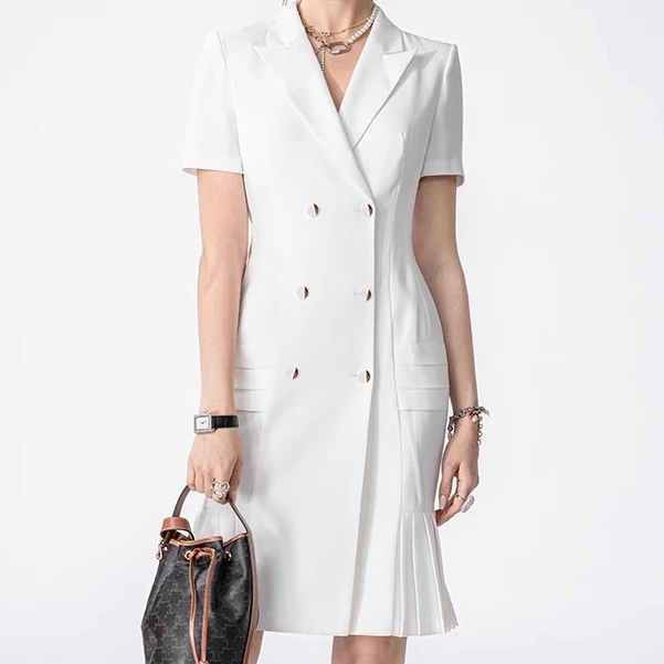 L21071白色百褶裙连衣裙赫本风高级感2024新款女秋冬西装裙子Z