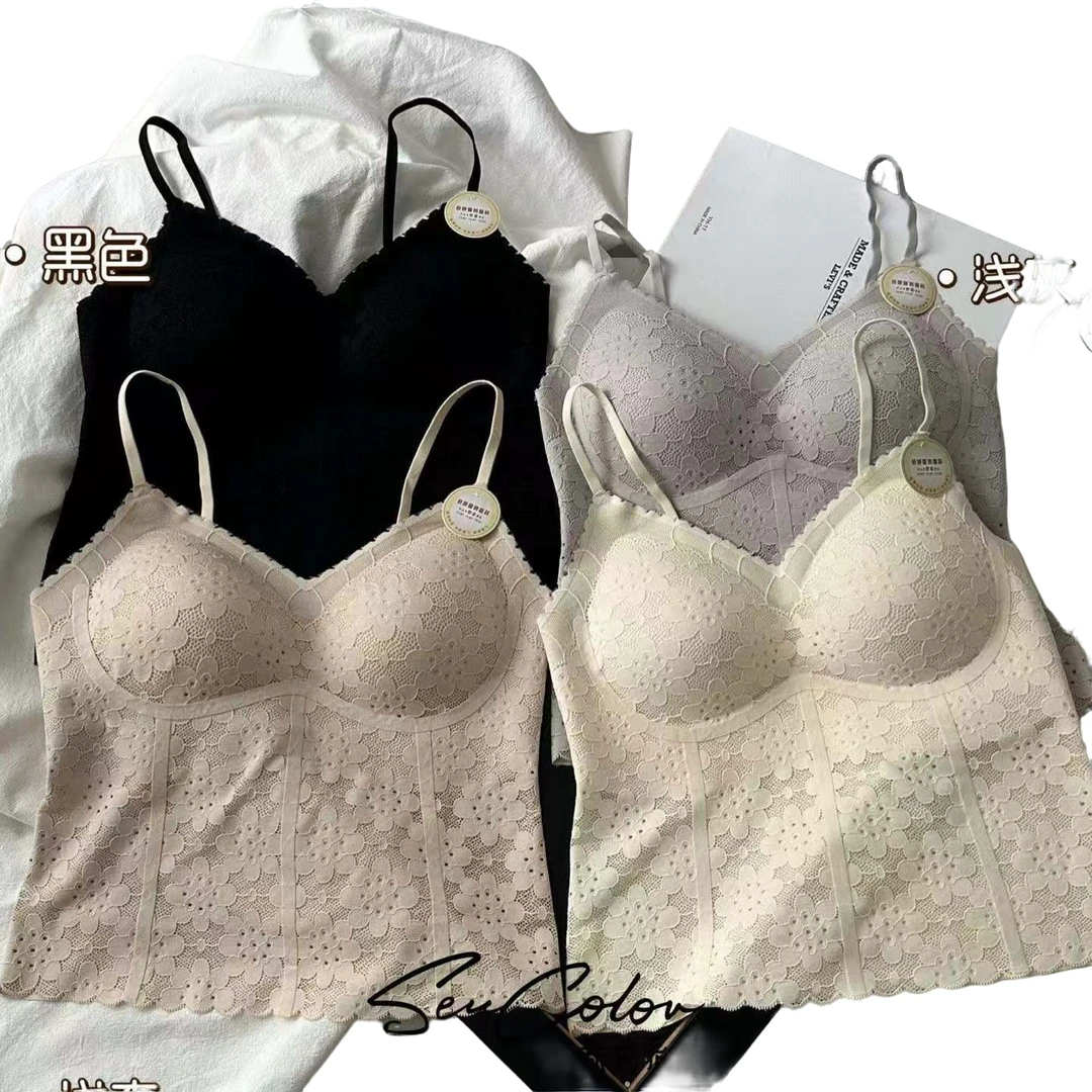 【珊珊服饰】春夏新款蕾丝自带胸垫吊带通勤无痕美背夏季一体式