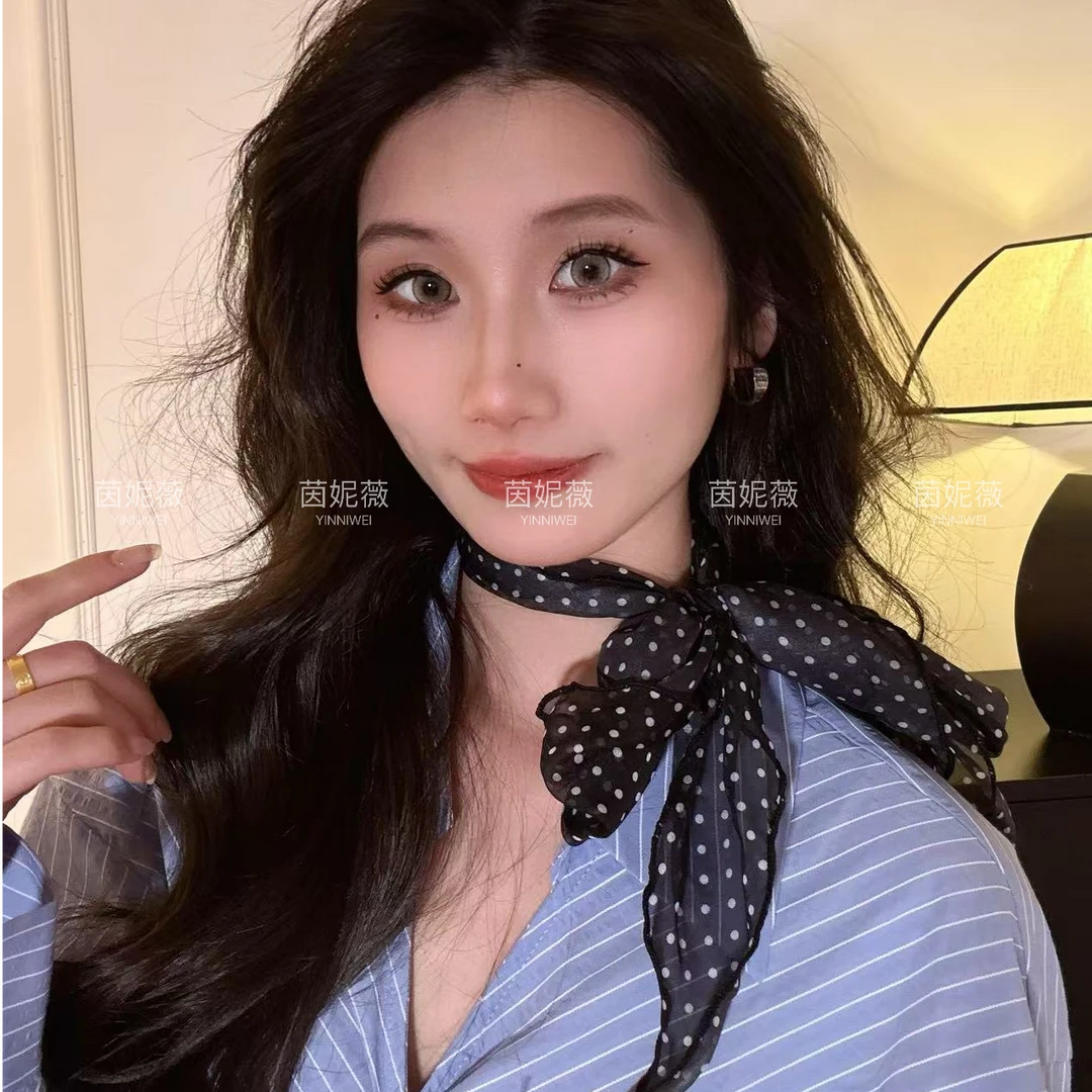 韩版高级感丝巾女长条波点设计感玫瑰花围脖飘带系脖发带绑带围巾