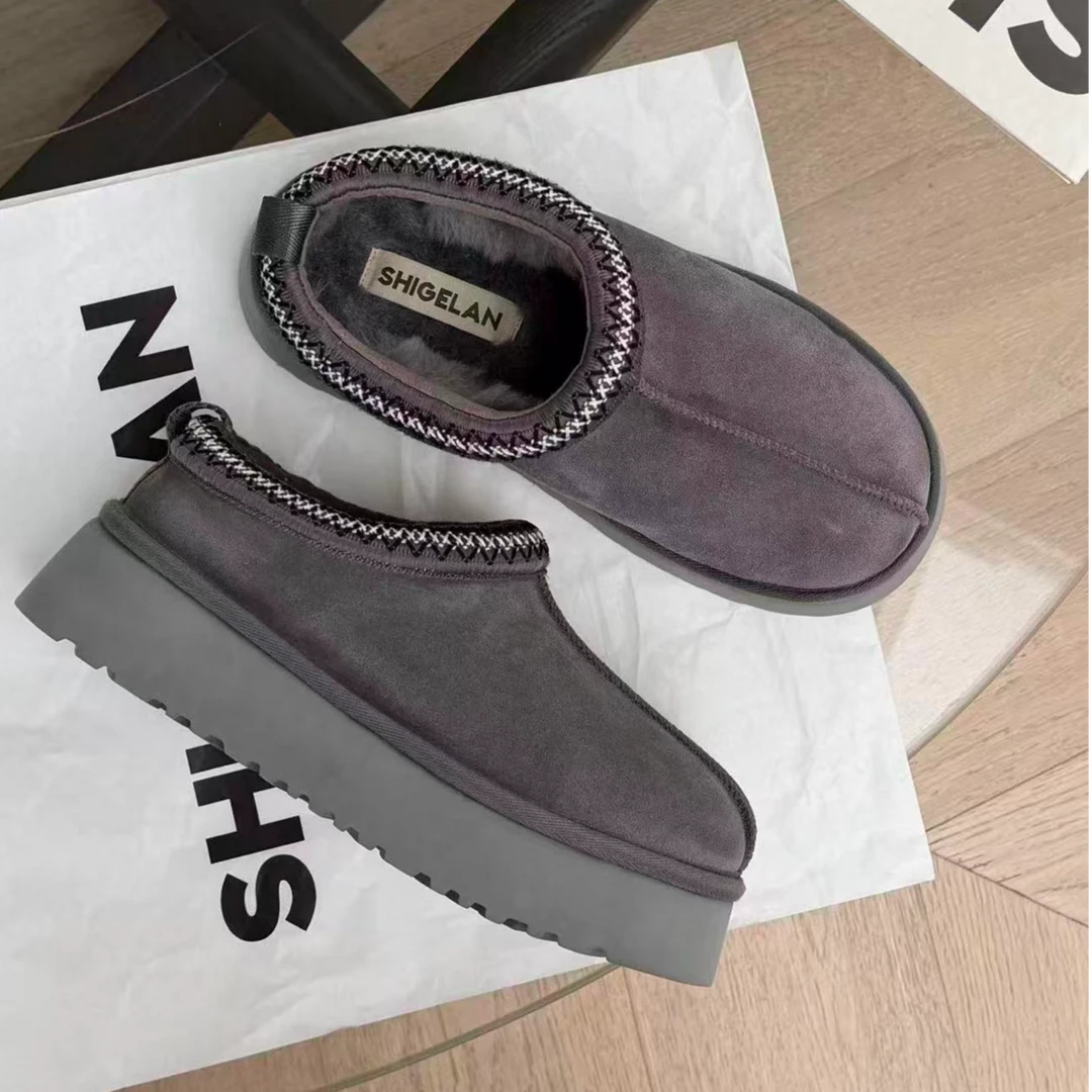 诗歌兰真皮女鞋2025冬百搭羊毛保暖厚底增高休闲运动雪地靴半拖鞋