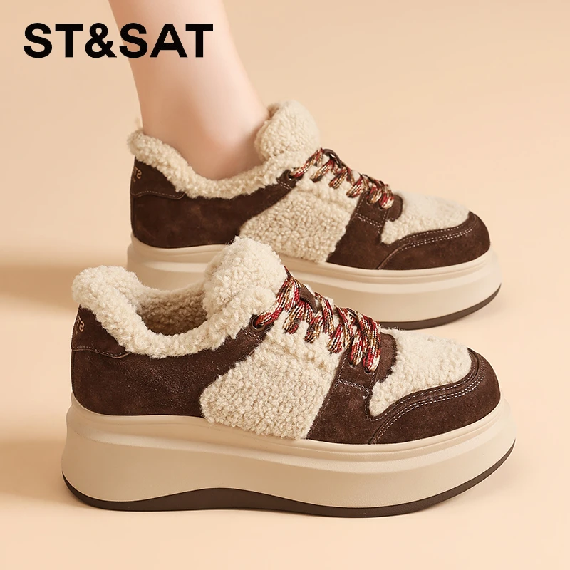 星期六真皮6cm厚底毛毛板鞋女2025新款冬季加绒休闲鞋复古松糕鞋