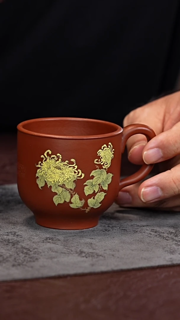 茶杯紫砂朱泥菊花 把手