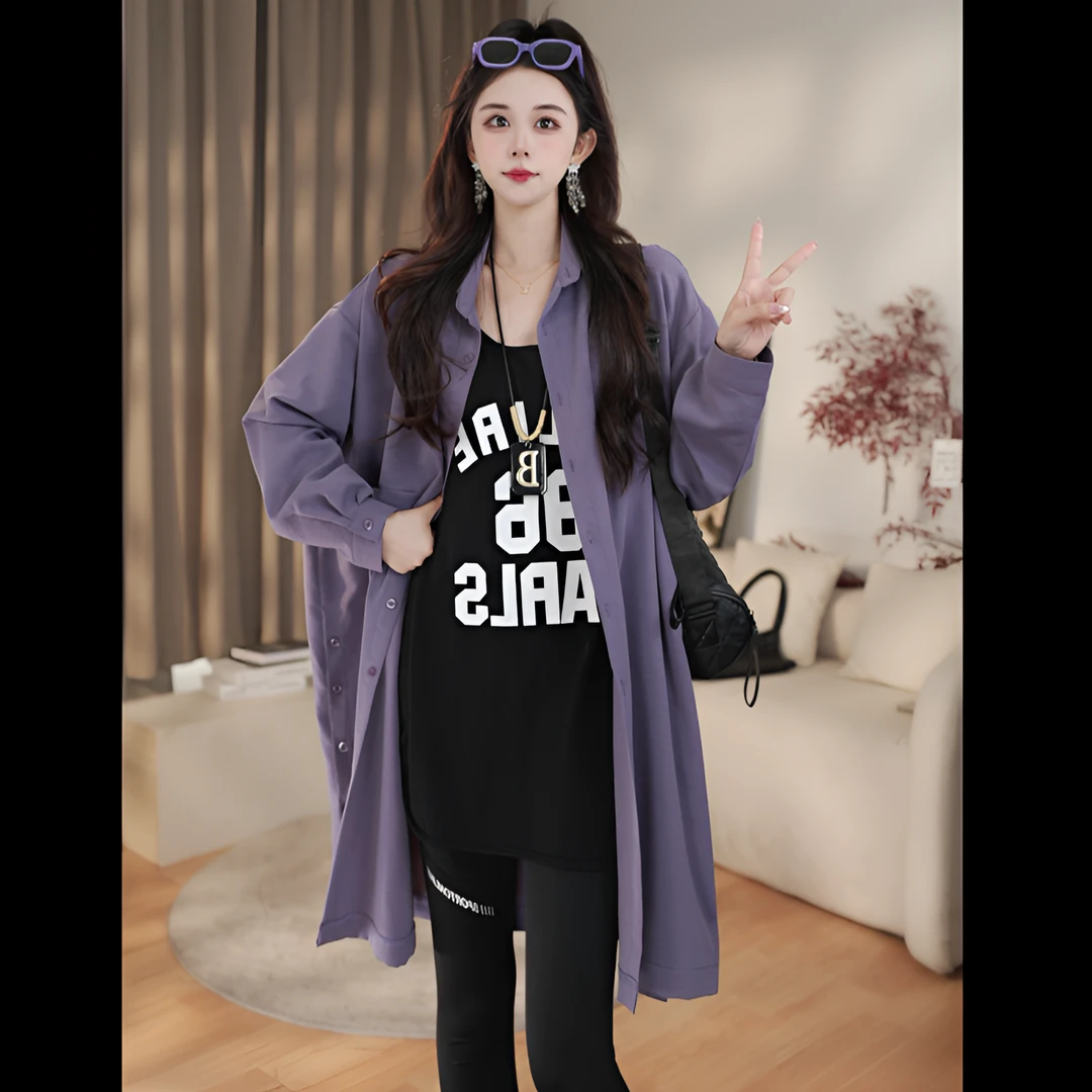 【现货】2025春季新款裙韩版oversize中长款显瘦长袖衬衣女2503131