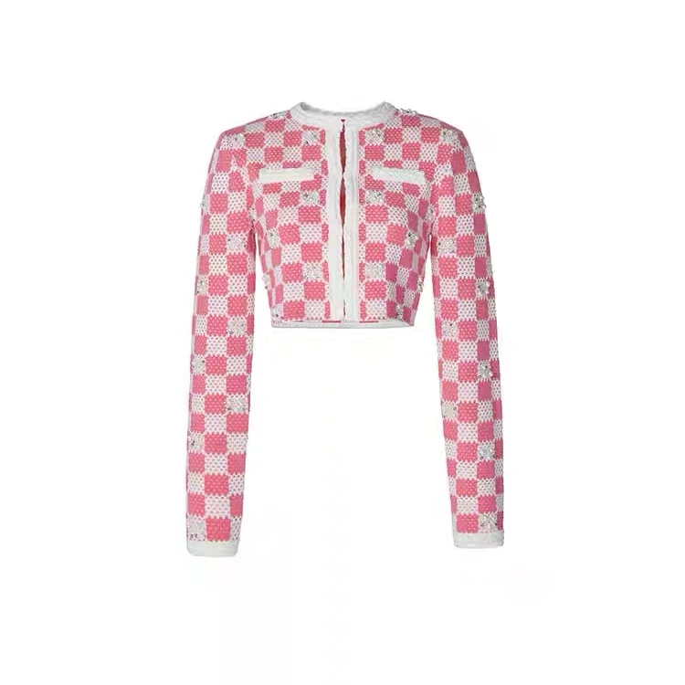 无品牌华丽粉白盘格短针织开衫外套LF24C61ZM106