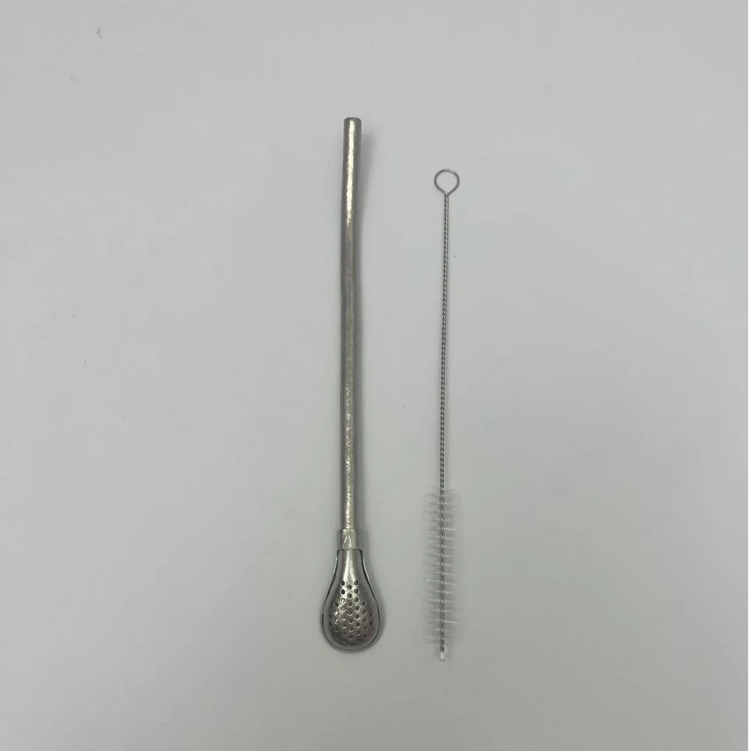 纯钛结晶冰花带吸管加粗款防锈带勺子银色吸管搅拌棒长柄过滤网